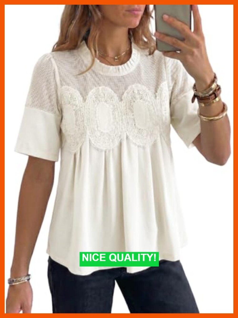 Women's Lace Blouse Elegant Flared Swing Tops Crew Neck Short Sleeve Textured
